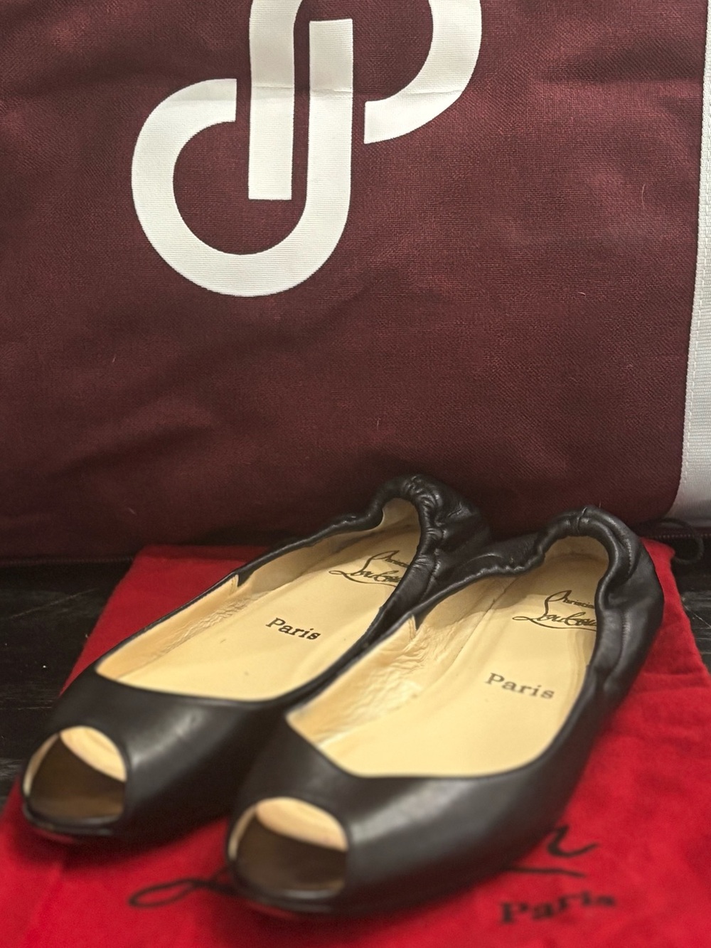 Christian Louboutin Black Leather Peep-Toe Ballet Flats, 36, OFFERS CONSIDERED!